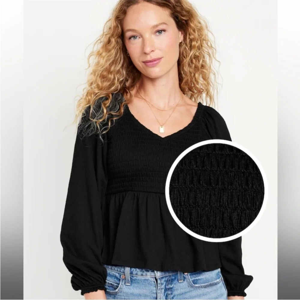 Old Navy black long sleeve smocked peplum blouse, size L - Picture 2 of 7
